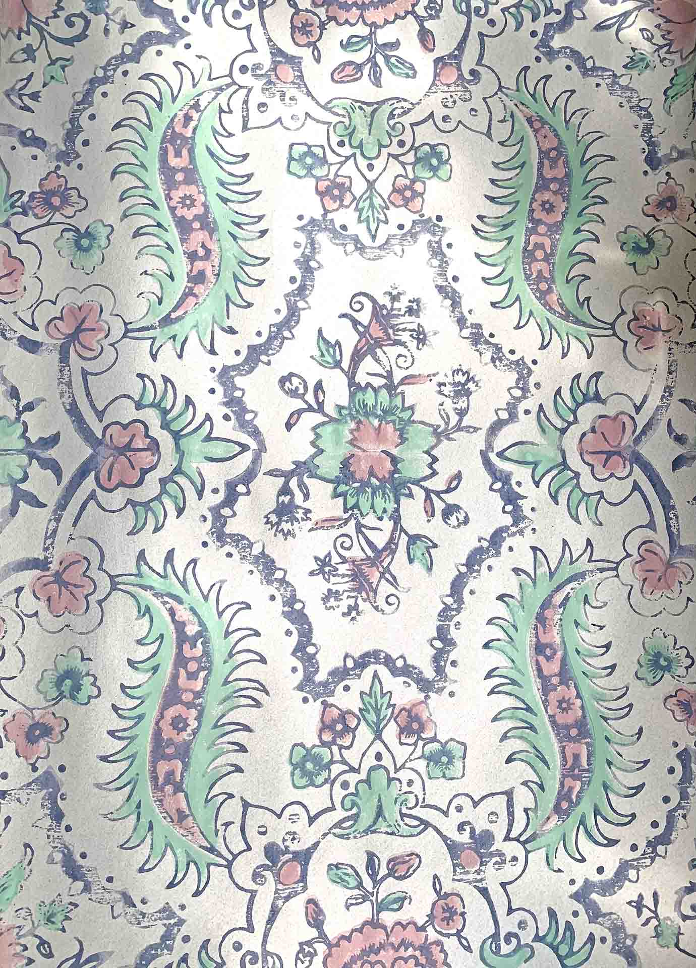 Hand Blocked Wallpaper In The Central Rose Pattern of 1725