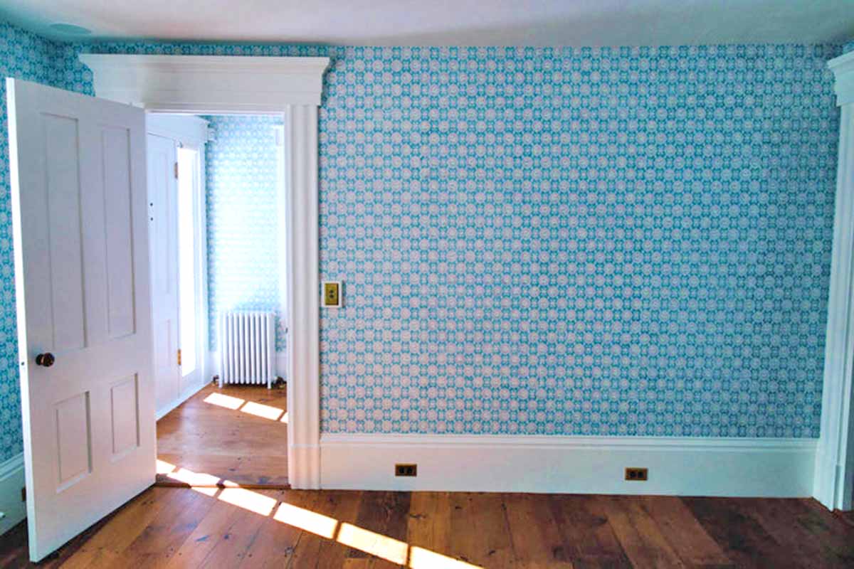 Hand Block Printed Wallpaper In The Pattern of Domino Geometric of 1800 In A Bedroom