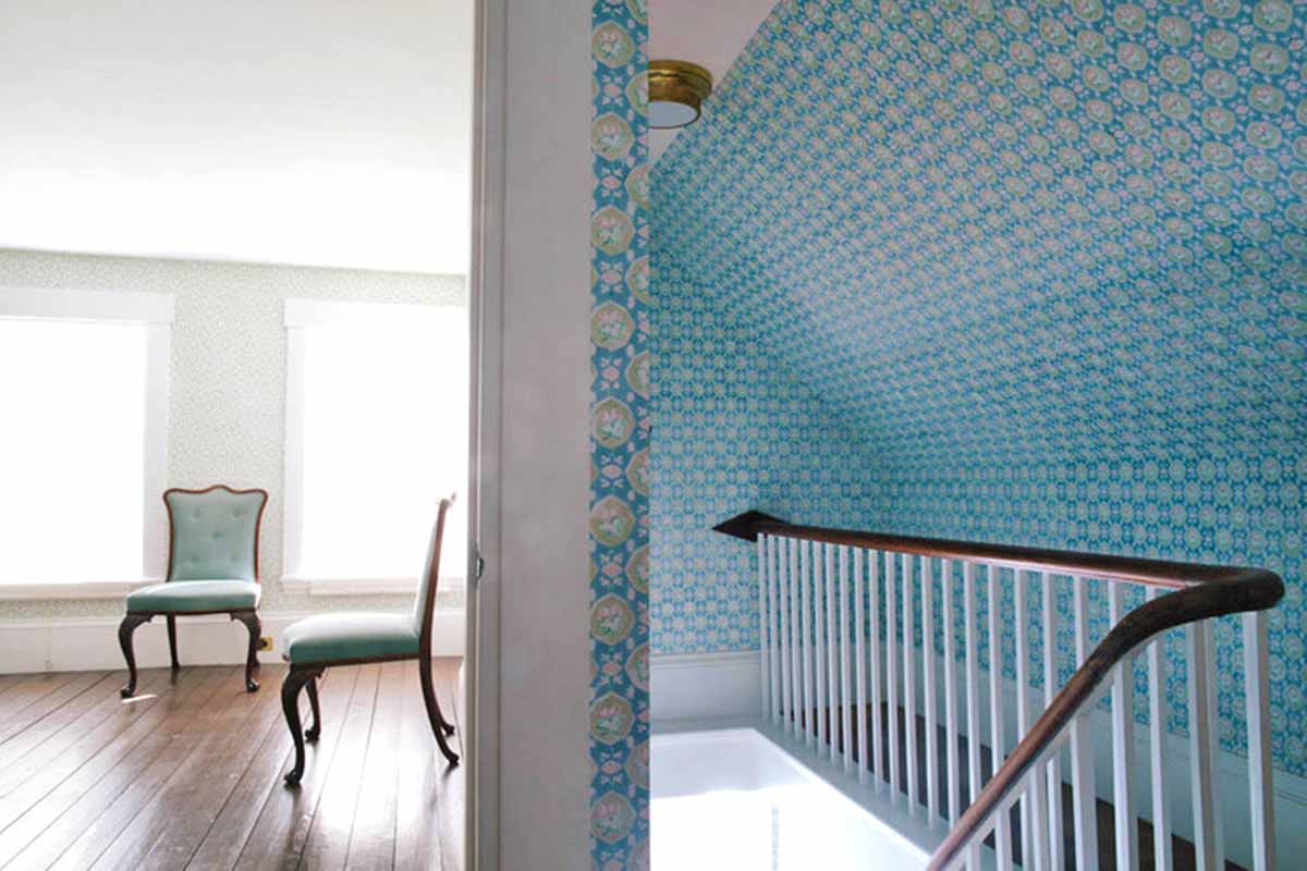 Bespoke Hand Printed Wallpaper In The Pattern of Domino Geometric of 1800 Hanging On A Staircase