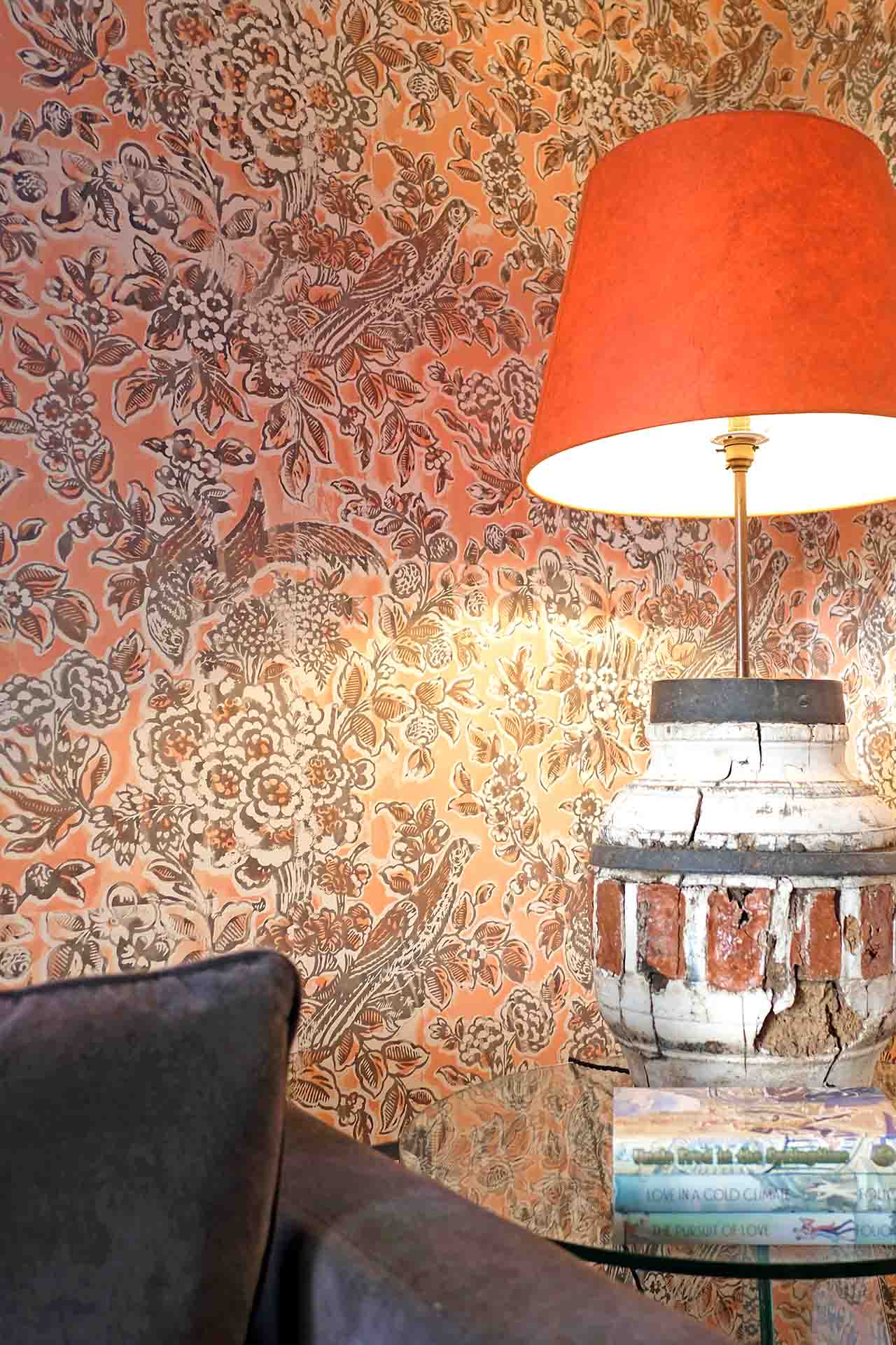 Hand Blocked Wallpaper In The Pattern of Ginsburg Birds of 1830 In A Bedroom