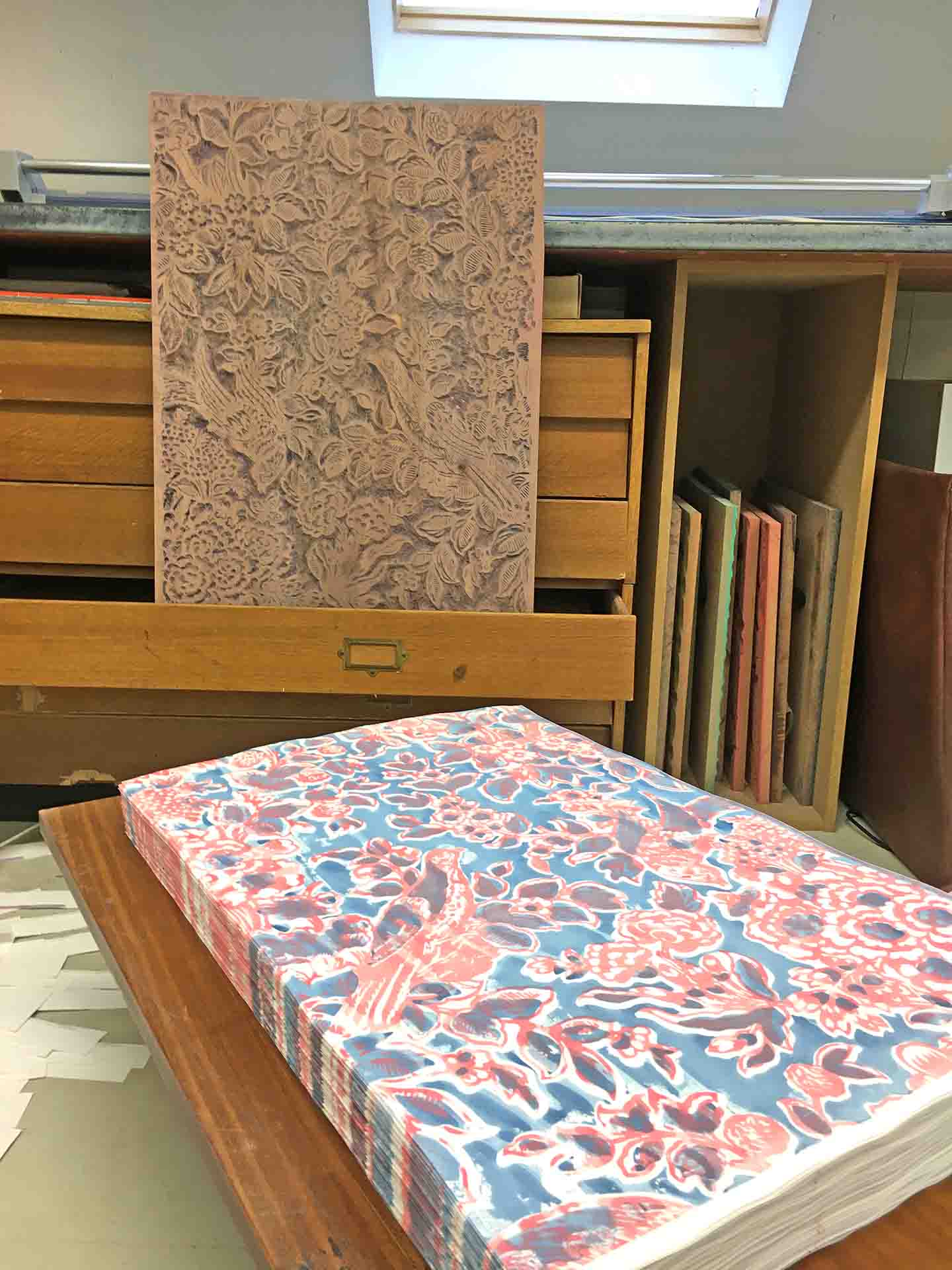 Stack of Bespoke Hand Blocked Wallpaper In The Pattern of Ginsburg Birds of 1830 In The Studio