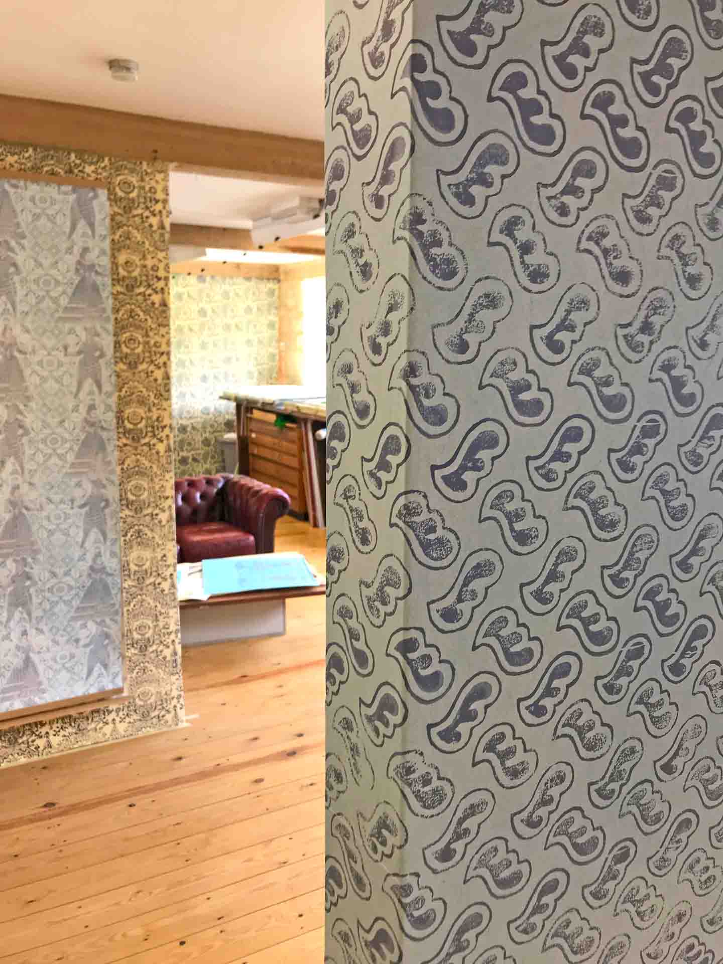 Detail of Bespoke Hand Blocked Wallpaper In The Pattern of Italian Box Paper of 1770 On A Studio Wall