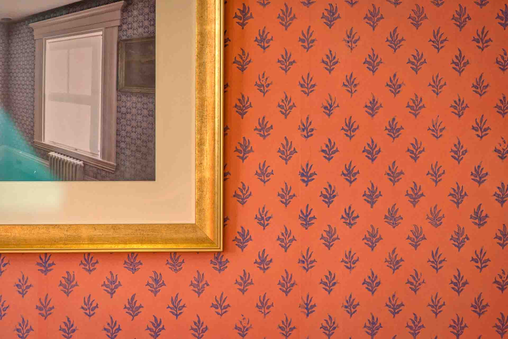 Detail of Bespoke Hand Printed Wallpaper In The Pattern of Sprig of 1800 On A Wall